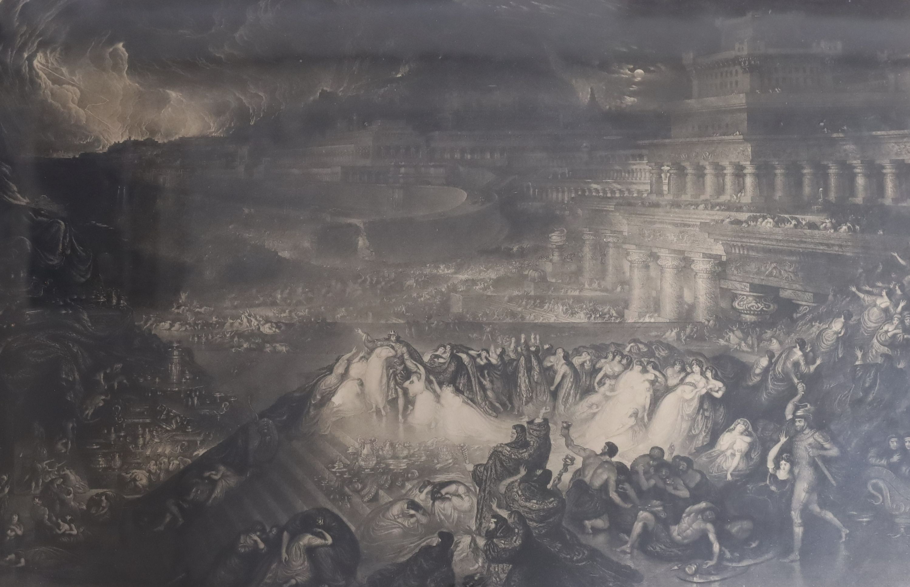 After John Martin (1789-1854), mezzotint, 'The Fall of Ninevah', 52 x 79cm